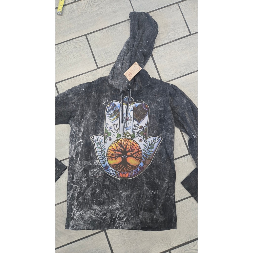 Kathmandu Imports Hamsa Tree of Life Acid Wash Hooded Long Sleeve Shirt Black L